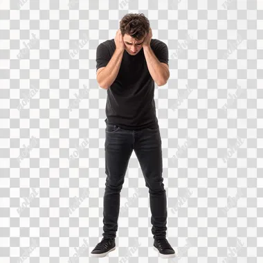 Full body photo of young man worried, isolated on white background