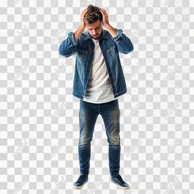 Full body photo of young man worried, isolated on white background