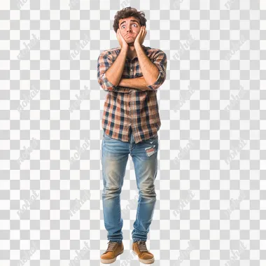 Full body photo of young man worried, isolated on white background