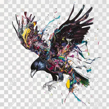 Hyper-realistic detailed image of A threatening crow, in an attack position, symbolizing the destruction of peace and the onset of war, with dramatic lighting, Bright and vibrant colors, magazine cover, white outline, no shadow, isolated on a flat white background