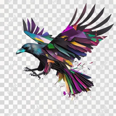 Hyper-realistic detailed image of A threatening crow, in an attack position, symbolizing the destruction of peace and the onset of war, with dramatic lighting, Bright and vibrant colors, magazine cover, white outline, no shadow, isolated on a flat white background