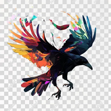Hyper-realistic detailed image of A threatening crow, in an attack position, symbolizing the destruction of peace and the onset of war, with dramatic lighting, Bright and vibrant colors, magazine cover, white outline, no shadow, isolated on a flat white background