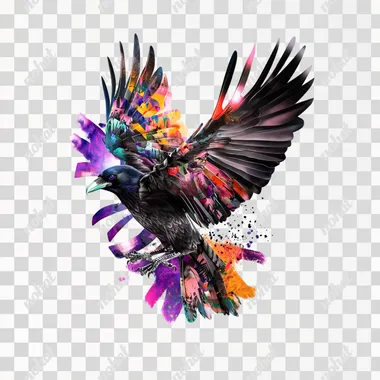 Hyper-realistic detailed image of A threatening crow, in an attack position, symbolizing the destruction of peace and the onset of war, with dramatic lighting, Bright and vibrant colors, magazine cover, white outline, no shadow, isolated on a flat white background