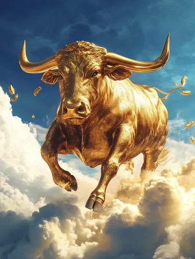 A golden-skinned bull, charging, standing on auspicious clouds, 2.5D rendering style, amazing perspective, extremely exaggerated movements, blue sky