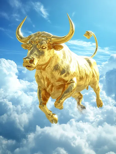 A golden-skinned bull, charging, standing on auspicious clouds, 2.5D rendering style, amazing perspective, extremely exaggerated movements, blue sky