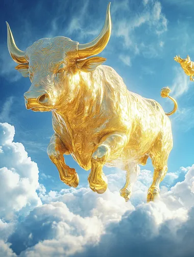 A golden-skinned bull, charging, standing on auspicious clouds, 2.5D rendering style, amazing perspective, extremely exaggerated movements, blue sky