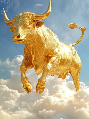 A golden-skinned bull, charging, standing on auspicious clouds, 2.5D rendering style, amazing perspective, extremely exaggerated movements, blue sky