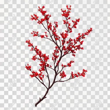 Red tree picks, floral sprays, white background, photo, for stock