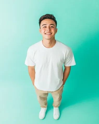 2024 japanese commercial top view shot of happy young man Standing, white t-shirt and beige pant, short hair, isolated pastel turquoise background, hyperperspective, Canon R6 Mark II, 35 mm lens