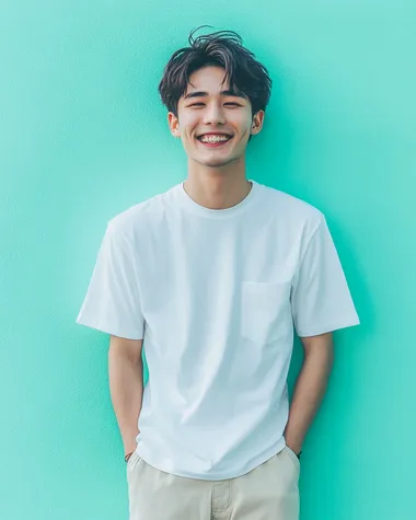 2024 japanese commercial top view shot of happy young man Standing, white t-shirt and beige pant, short hair, isolated pastel turquoise background, hyperperspective, Canon R6 Mark II, 35 mm lens
