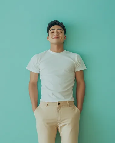 2024 japanese commercial top view shot of happy young man Standing, white t-shirt and beige pant, short hair, isolated pastel turquoise background, hyperperspective, Canon R6 Mark II, 35 mm lens