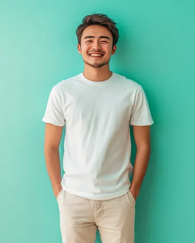 2024 japanese commercial top view shot of happy young man Standing, white t-shirt and beige pant, short hair, isolated pastel turquoise background, hyperperspective, Canon R6 Mark II, 35 mm lens