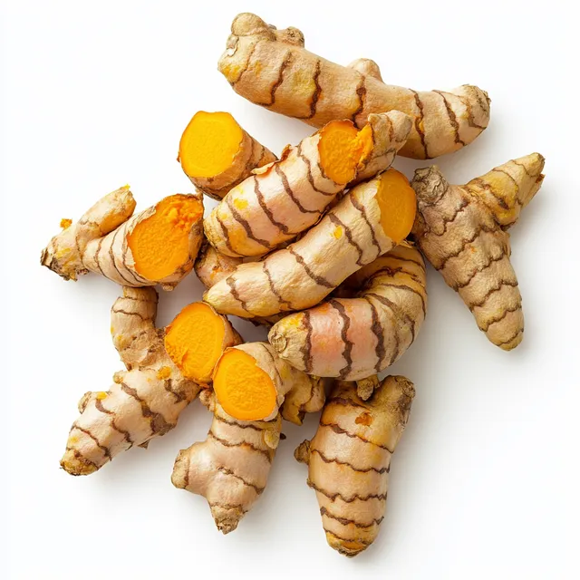 Turmeric Roots with Orange Peels on White Background in Bright Light