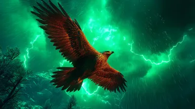A majestic auburn eagle, its feathers ablaze with metallic copper and russet highlights, plunges through a cataclysmic burst of twinkling jade lightning. The lightning fractures the sky in jagged arcs, each bolt shimmering with crystalline green luminescence that dances across the eagles outstretched wings and razor-tipped talons. The birds piercing citrine eyes reflect the storms chaos, while its cry echoes across a primordial valley of obsidian cliffs and petrified forests, their skeletal branches glowing faintly with residual energy from the strike. Cinematic framing: sweeping drone shot from above, the eagle silhouetted against a maelstrom of emerald-lit storm clouds that spiral like a living galaxy. Rendered in hyper-realistic 8K, blending wildlife documentary grit with the electrifying surrealism of a mythic tapestry. Style fusion: the raw dynamism of John James Audubons avian art, the neon-noir vibrancy of Alita: Battle Angel, and the atmospheric tension of J.M.W. Turners stormscapes. Palette: burnt auburn, radioactive jade, volcanic black, and storm-gray, with volumetric lightning casting fractal shadows on the terrain below  rofile gwms15y