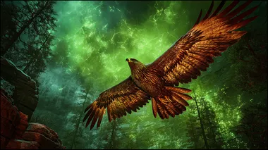 A majestic auburn eagle, its feathers ablaze with metallic copper and russet highlights, plunges through a cataclysmic burst of twinkling jade lightning. The lightning fractures the sky in jagged arcs, each bolt shimmering with crystalline green luminescence that dances across the eagles outstretched wings and razor-tipped talons. The birds piercing citrine eyes reflect the storms chaos, while its cry echoes across a primordial valley of obsidian cliffs and petrified forests, their skeletal branches glowing faintly with residual energy from the strike. Cinematic framing: sweeping drone shot from above, the eagle silhouetted against a maelstrom of emerald-lit storm clouds that spiral like a living galaxy. Rendered in hyper-realistic 8K, blending wildlife documentary grit with the electrifying surrealism of a mythic tapestry. Style fusion: the raw dynamism of John James Audubons avian art, the neon-noir vibrancy of Alita: Battle Angel, and the atmospheric tension of J.M.W. Turners stormscapes. Palette: burnt auburn, radioactive jade, volcanic black, and storm-gray, with volumetric lightning casting fractal shadows on the terrain below  rofile gwms15y