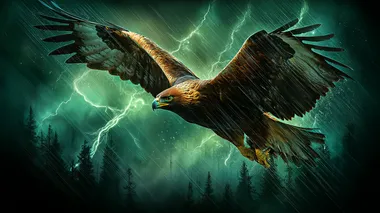 A majestic auburn eagle, its feathers ablaze with metallic copper and russet highlights, plunges through a cataclysmic burst of twinkling jade lightning. The lightning fractures the sky in jagged arcs, each bolt shimmering with crystalline green luminescence that dances across the eagles outstretched wings and razor-tipped talons. The birds piercing citrine eyes reflect the storms chaos, while its cry echoes across a primordial valley of obsidian cliffs and petrified forests, their skeletal branches glowing faintly with residual energy from the strike. Cinematic framing: sweeping drone shot from above, the eagle silhouetted against a maelstrom of emerald-lit storm clouds that spiral like a living galaxy. Rendered in hyper-realistic 8K, blending wildlife documentary grit with the electrifying surrealism of a mythic tapestry. Style fusion: the raw dynamism of John James Audubons avian art, the neon-noir vibrancy of Alita: Battle Angel, and the atmospheric tension of J.M.W. Turners stormscapes. Palette: burnt auburn, radioactive jade, volcanic black, and storm-gray, with volumetric lightning casting fractal shadows on the terrain below  rofile gwms15y