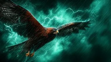 A majestic auburn eagle, its feathers ablaze with metallic copper and russet highlights, plunges through a cataclysmic burst of twinkling jade lightning. The lightning fractures the sky in jagged arcs, each bolt shimmering with crystalline green luminescence that dances across the eagles outstretched wings and razor-tipped talons. The birds piercing citrine eyes reflect the storms chaos, while its cry echoes across a primordial valley of obsidian cliffs and petrified forests, their skeletal branches glowing faintly with residual energy from the strike. Cinematic framing: sweeping drone shot from above, the eagle silhouetted against a maelstrom of emerald-lit storm clouds that spiral like a living galaxy. Rendered in hyper-realistic 8K, blending wildlife documentary grit with the electrifying surrealism of a mythic tapestry. Style fusion: the raw dynamism of John James Audubons avian art, the neon-noir vibrancy of Alita: Battle Angel, and the atmospheric tension of J.M.W. Turners stormscapes. Palette: burnt auburn, radioactive jade, volcanic black, and storm-gray, with volumetric lightning casting fractal shadows on the terrain below  rofile gwms15y