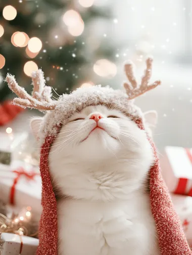 A super cute white cat with a smiling expression, wearing a hat with reindeer horns on its head and a red plush cape, imitating the appearance of a reindeer. The cat is standing next to a sleigh full of gifts, with a Christmas tree decorated with twinkling lights in the background, surrounded by soft artificial snow, the light is bright and soft, and the picture is full of festive atmosphere.      ilf1xcp