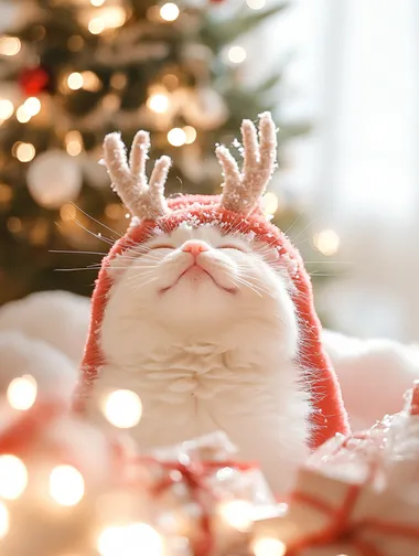 A super cute white cat with a smiling expression, wearing a hat with reindeer horns on its head and a red plush cape, imitating the appearance of a reindeer. The cat is standing next to a sleigh full of gifts, with a Christmas tree decorated with twinkling lights in the background, surrounded by soft artificial snow, the light is bright and soft, and the picture is full of festive atmosphere.      ilf1xcp