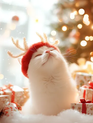 A super cute white cat with a smiling expression, wearing a hat with reindeer horns on its head and a red plush cape, imitating the appearance of a reindeer. The cat is standing next to a sleigh full of gifts, with a Christmas tree decorated with twinkling lights in the background, surrounded by soft artificial snow, the light is bright and soft, and the picture is full of festive atmosphere.      ilf1xcp