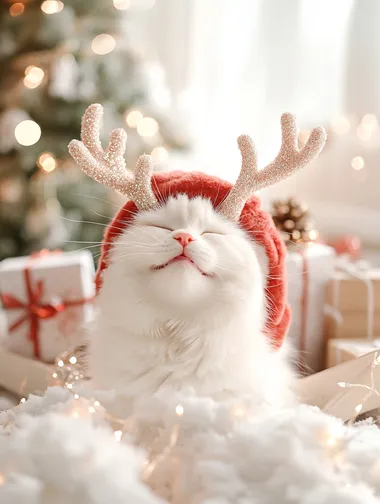A super cute white cat with a smiling expression, wearing a hat with reindeer horns on its head and a red plush cape, imitating the appearance of a reindeer. The cat is standing next to a sleigh full of gifts, with a Christmas tree decorated with twinkling lights in the background, surrounded by soft artificial snow, the light is bright and soft, and the picture is full of festive atmosphere.      ilf1xcp