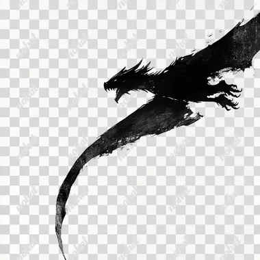 a dark fantasy illustration of a side view of a black dragon flying, isolated in white
