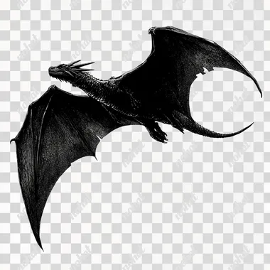 a dark fantasy illustration of a side view of a black dragon flying, isolated in white