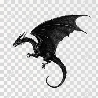 a dark fantasy illustration of a side view of a black dragon flying, isolated in white