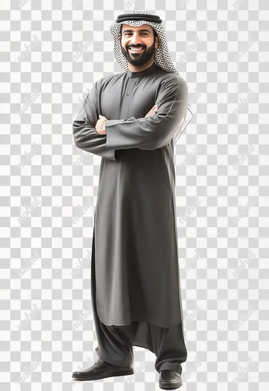 A full-body standing Kuwaiti man, a smiling Kuwaiti man wearing a dishdasha and dark gray thobe, standing with confidence, tilted angle, 45-degree shot, folding his arms on his chest, and warm ambient lighting. The mood is calm, and natural light enhances the serene environment, cinematic photography, HD render, isolated on white background, soft shadows, traditional and modern blend, lifestyle photography