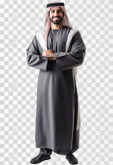 A full-body standing Kuwaiti man, a smiling Kuwaiti man wearing a dishdasha and dark gray thobe, standing with confidence, tilted angle, 45-degree shot, folding his arms on his chest, and warm ambient lighting. The mood is calm, and natural light enhances the serene environment, cinematic photography, HD render, isolated on white background, soft shadows, traditional and modern blend, lifestyle photography