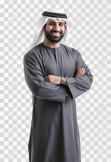 A full-body standing Kuwaiti man, a smiling Kuwaiti man wearing a dishdasha and dark gray thobe, standing with confidence, tilted angle, 45-degree shot, folding his arms on his chest, and warm ambient lighting. The mood is calm, and natural light enhances the serene environment, cinematic photography, HD render, isolated on white background, soft shadows, traditional and modern blend, lifestyle photography