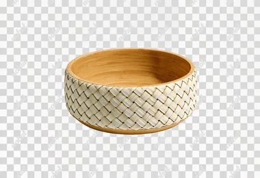 Bamboo woven cat bowl, the exterior is hand-woven with natural bamboo strips, featuring a tight texture. The interior is made of light wood color bamboo, with an anti-slip pad at the bottom. It has a minimalist and natural style, a white background, studio lighting, high-definition product photography, and 8k details