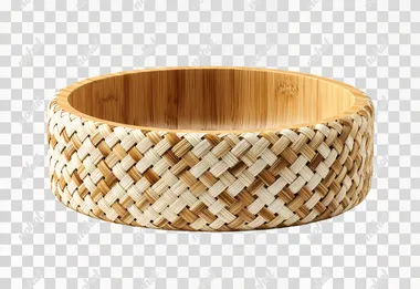 Bamboo woven cat bowl, the exterior is hand-woven with natural bamboo strips, featuring a tight texture. The interior is made of light wood color bamboo, with an anti-slip pad at the bottom. It has a minimalist and natural style, a white background, studio lighting, high-definition product photography, and 8k details