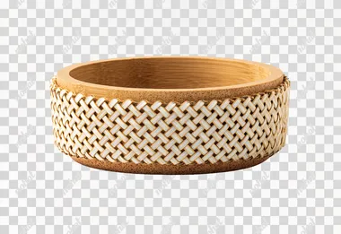 Bamboo woven cat bowl, the exterior is hand-woven with natural bamboo strips, featuring a tight texture. The interior is made of light wood color bamboo, with an anti-slip pad at the bottom. It has a minimalist and natural style, a white background, studio lighting, high-definition product photography, and 8k details