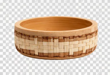 Bamboo woven cat bowl, the exterior is hand-woven with natural bamboo strips, featuring a tight texture. The interior is made of light wood color bamboo, with an anti-slip pad at the bottom. It has a minimalist and natural style, a white background, studio lighting, high-definition product photography, and 8k details