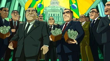 Create a 2D cartoon-style political thumbnail for YouTube with the theme Afinal, quem  o Centro?. Show a group of politicians in suits, some holding briefcases full of money, in a chaotic political scene in Braslia, with the Brazilian Congress in the background. Use Brazilian colors (green, yellow, blue) prominently. The politicians should have ambiguous expressions, hinting at power and corruption.    --s 50
