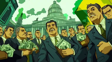Create a 2D cartoon-style political thumbnail for YouTube with the theme Afinal, quem  o Centro?. Show a group of politicians in suits, some holding briefcases full of money, in a chaotic political scene in Braslia, with the Brazilian Congress in the background. Use Brazilian colors (green, yellow, blue) prominently. The politicians should have ambiguous expressions, hinting at power and corruption.    --s 50