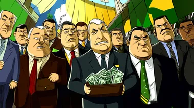 Create a 2D cartoon-style political thumbnail for YouTube with the theme Afinal, quem  o Centro?. Show a group of politicians in suits, some holding briefcases full of money, in a chaotic political scene in Braslia, with the Brazilian Congress in the background. Use Brazilian colors (green, yellow, blue) prominently. The politicians should have ambiguous expressions, hinting at power and corruption.    --s 50