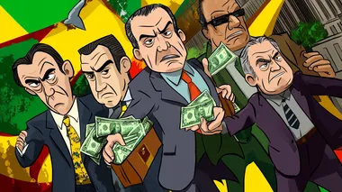 Create a 2D cartoon-style political thumbnail for YouTube with the theme Afinal, quem  o Centro?. Show a group of politicians in suits, some holding briefcases full of money, in a chaotic political scene in Braslia, with the Brazilian Congress in the background. Use Brazilian colors (green, yellow, blue) prominently. The politicians should have ambiguous expressions, hinting at power and corruption.    --s 50