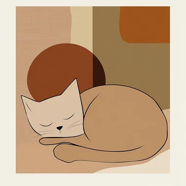 A minimalist geometric illustration of a sleeping cat in earth tones, designed with clean, simple lines and abstract shapes. The cats body is composed of smooth, flowing curves and angular geometric elements, using a soft palette of earthy colors like warm beige, muted browns, terracotta, and olive green. The cat's eyes are gently closed, and its tail is curled in an elegant, simple loop. The background features subtle geometric shapes or textures in complementary earth tones to create a harmonious and calming atmosphere. The overall composition is peaceful and serene, perfect for a cozy living room dcor. The art is modern and sleek, with a focus on simplicity, abstraction, and earthy warmth. High resolution, geometric minimalism with earth-tone palette.