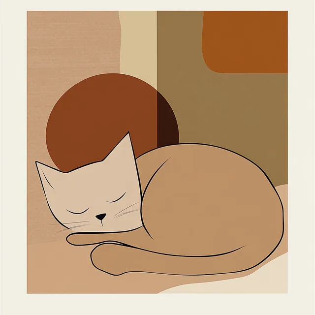 Geometric Illustration of a Sleeping Cat in Earth Tones for Living Room