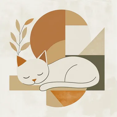 A minimalist geometric illustration of a sleeping cat in earth tones, designed with clean, simple lines and abstract shapes. The cats body is composed of smooth, flowing curves and angular geometric elements, using a soft palette of earthy colors like warm beige, muted browns, terracotta, and olive green. The cat's eyes are gently closed, and its tail is curled in an elegant, simple loop. The background features subtle geometric shapes or textures in complementary earth tones to create a harmonious and calming atmosphere. The overall composition is peaceful and serene, perfect for a cozy living room dcor. The art is modern and sleek, with a focus on simplicity, abstraction, and earthy warmth. High resolution, geometric minimalism with earth-tone palette.