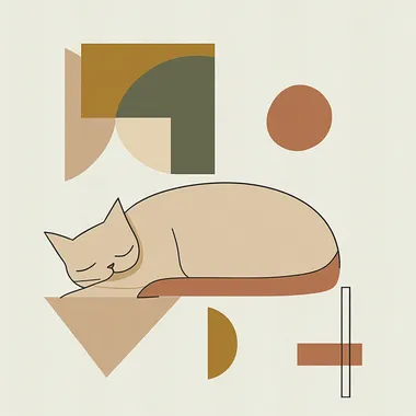 A minimalist geometric illustration of a sleeping cat in earth tones, designed with clean, simple lines and abstract shapes. The cats body is composed of smooth, flowing curves and angular geometric elements, using a soft palette of earthy colors like warm beige, muted browns, terracotta, and olive green. The cat's eyes are gently closed, and its tail is curled in an elegant, simple loop. The background features subtle geometric shapes or textures in complementary earth tones to create a harmonious and calming atmosphere. The overall composition is peaceful and serene, perfect for a cozy living room dcor. The art is modern and sleek, with a focus on simplicity, abstraction, and earthy warmth. High resolution, geometric minimalism with earth-tone palette.