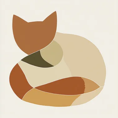 A minimalist geometric illustration of a sleeping cat in earth tones, designed with clean, simple lines and abstract shapes. The cats body is composed of smooth, flowing curves and angular geometric elements, using a soft palette of earthy colors like warm beige, muted browns, terracotta, and olive green. The cat's eyes are gently closed, and its tail is curled in an elegant, simple loop. The background features subtle geometric shapes or textures in complementary earth tones to create a harmonious and calming atmosphere. The overall composition is peaceful and serene, perfect for a cozy living room dcor. The art is modern and sleek, with a focus on simplicity, abstraction, and earthy warmth. High resolution, geometric minimalism with earth-tone palette.