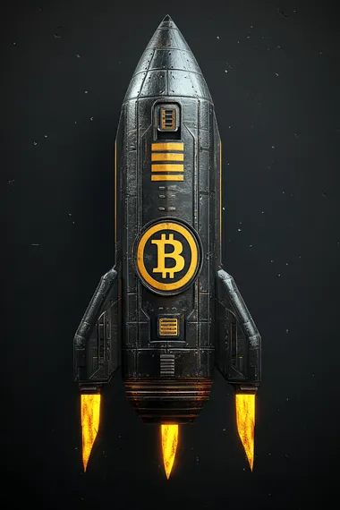 object design of a flat 3D rocket with the Bitcoin logo, Style cyberpunk, black and Yellow Tang color, high resolution, black bacground