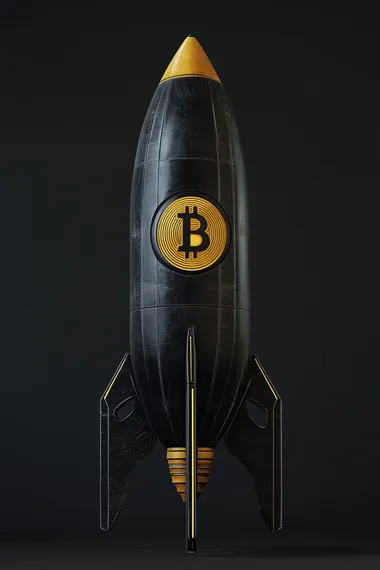 object design of a flat 3D rocket with the Bitcoin logo, Style cyberpunk, black and Yellow Tang color, high resolution, black bacground