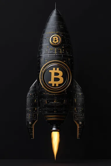 object design of a flat 3D rocket with the Bitcoin logo, Style cyberpunk, black and Yellow Tang color, high resolution, black bacground