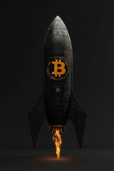 object design of a flat 3D rocket with the Bitcoin logo, Style cyberpunk, black and Yellow Tang color, high resolution, black bacground