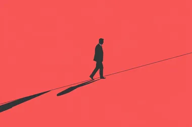 A man in a suit walking on a line, a simple flat vector illustration with a red outline and shadow, a simple background, minimalism, a minimalistic style, minimal color, low details, simple shapes, low detail, a 2D render, simple, low resolution.