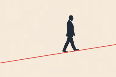 A man in a suit walking on a line, a simple flat vector illustration with a red outline and shadow, a simple background, minimalism, a minimalistic style, minimal color, low details, simple shapes, low detail, a 2D render, simple, low resolution.